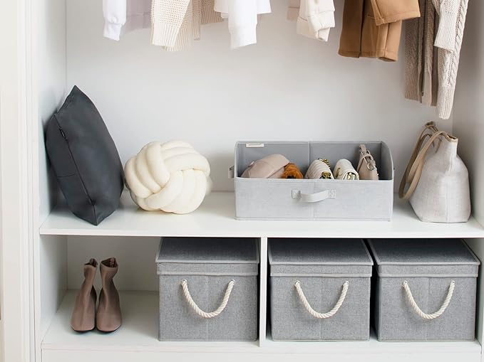 StorageWorks Storage Bins with Lids, Decorative Storage Boxes with Lid and Soft Rope Handles, Foldable Storage Baskets for Closet, Shelves, Stackable, Gray, Jumbo, 3-Pack