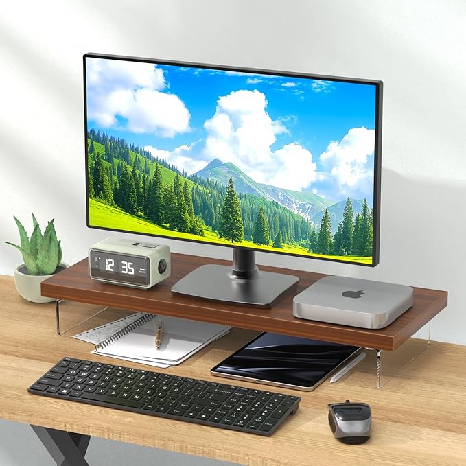 Monitor Stand Riser, Wood & Acrylic Computer Monitor Stand Desk Desktop Organizer Table for Home, Office Workspace, Laptop Riser, Printer, PC & TV Screen Riser