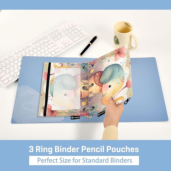 ZAZYXTJ Personalized Cute Elephant Binder Pencil Pouchs 3 Ring with Zipper Clear Window Office Organizers bag for School Students Teacher Supplies 2 Pack