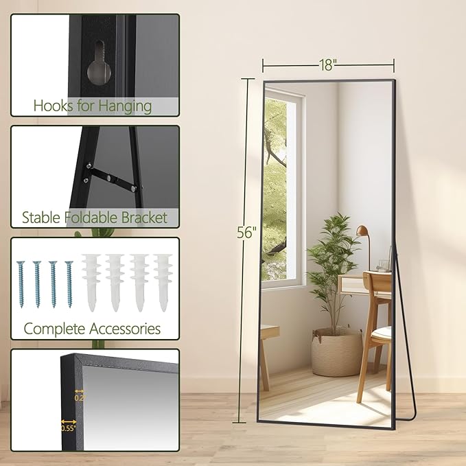 MELOMOIR 56"x18" Full Length Mirror, Floor Mirror with Stand Hanging or Leaning, Aluminum Alloy Frame Full Body Mirror for Bedroom Living Room Cloakroom Hallway, Wall Mirror Full Length, Black