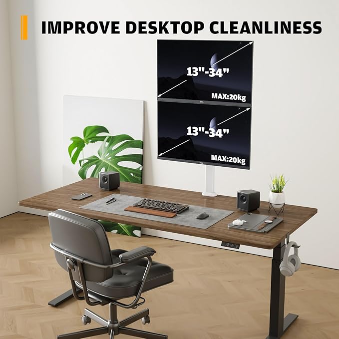 Dual Monitor Articulating Desk Mount Arm Stand - Vertical Stack Screen Supports Two 13 to 34 Inch Computer Monitors with C Clamp White