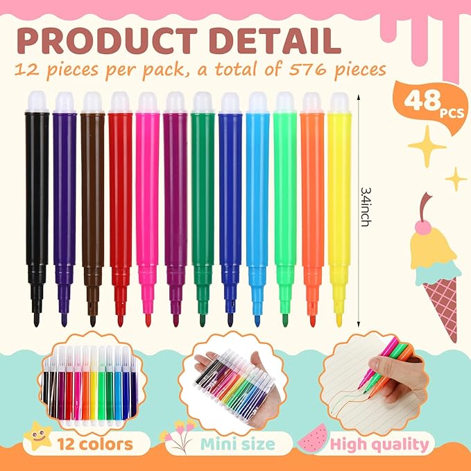 576 Pcs Mini Markers Colored Pen 3.4 Inch Vibrant Colors Portable Short Colored Markers Assorted Multicolor Watercolor Marker Pen for Kids and Adult Glass Office School Supplies (12 Colors)