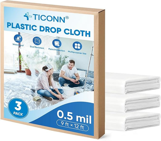 TICONN 12 x 9 Ft Plastic Drop Cloth for Painting, Waterproof Painters Plastic Sheeting, Painting Tarp for Furniture Cover, Floor Protection (3PK, 0.5Mil)