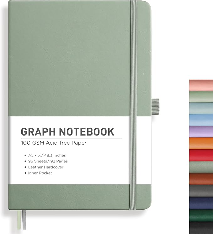 RETTACY Graph Grid Paper Notebook, 192 Pages, A5 Medium Size (5.7'' x 8.3''), 5 Squares per Inch, Leather Hardcover, 100 GSM Thick Paper, for School, Students, Math, Engineering (Sage Green)