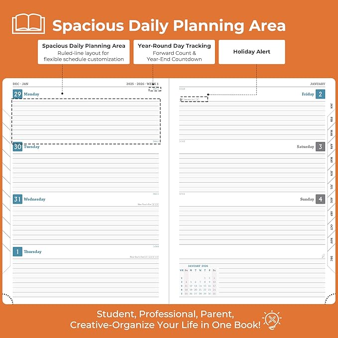 Planner 2026 Daily Weekly and Monthly,11.5"x8.5",12 Months Spiral Bound Calendar Agenda with Self-adhesive Pen Holder,2026 Appointment Book with Vegan Leather Soft Cover,Orange