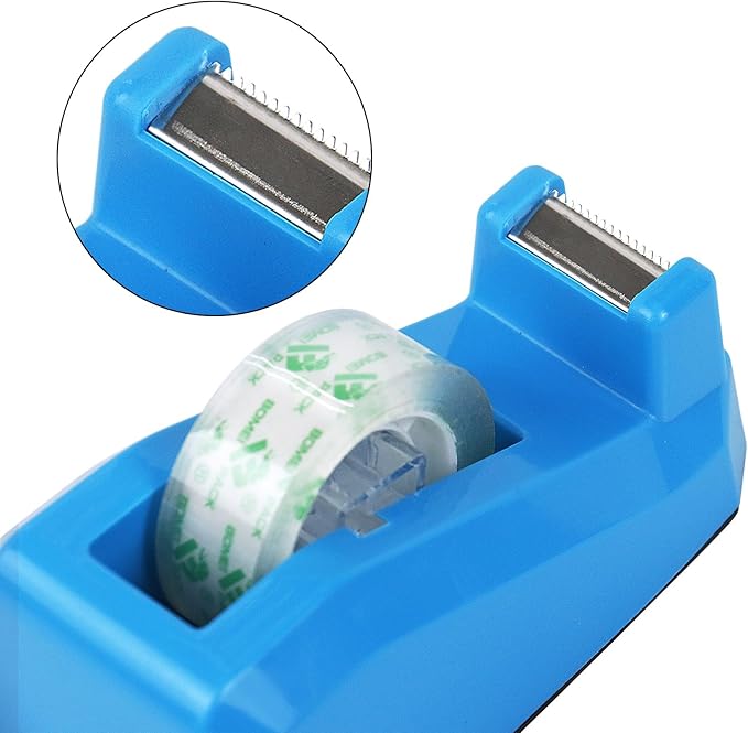 BOMEI PACK Transparent Tape Dispensers Desk, 1 Pack Blue with 12Rolls Transparent Tape, 1 Inch Core, for Gift Wrapping, School, Office and Home