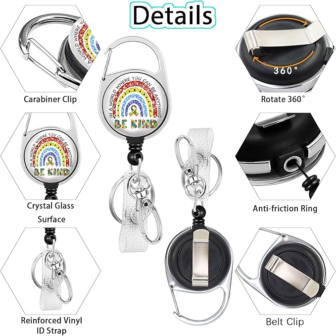 Autism Awareness Badge Reel Retractable Heavy Duty with 360°Swivel Carabiner Clip, Cute Rainbow ID Badge Holder, Nurse Teacher Gifts ID Card Holder Retractable Keychain Name Badge Clip