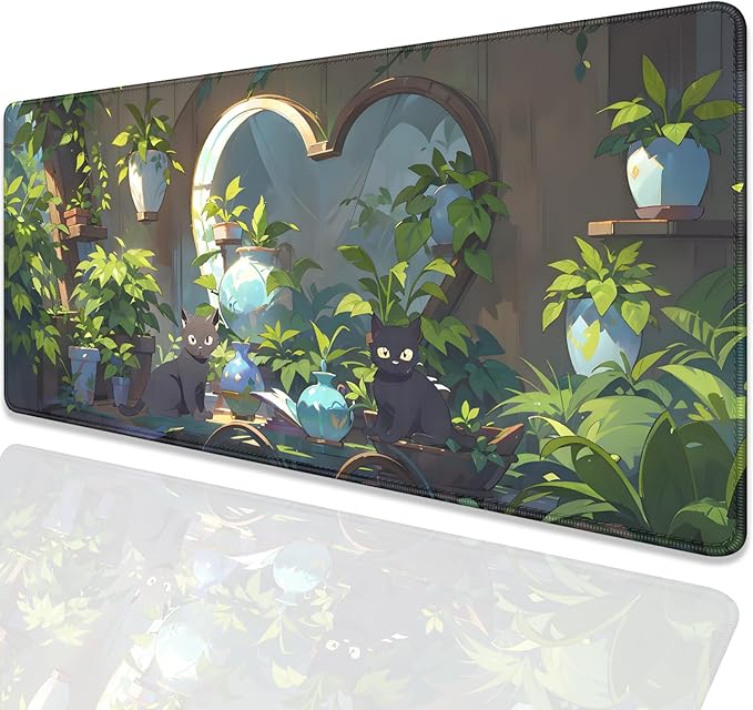 Lofi Cat Mouse Pad Green Plant Desk Pad,Black Cat Extended Gaming Mouse Mat with Stitched Edges Non-Slip Waterproof Rubber Base Mous Mat for Office,Computer,Keyboard,Laptop,Home Desk Pad(27.5X11.8 in)