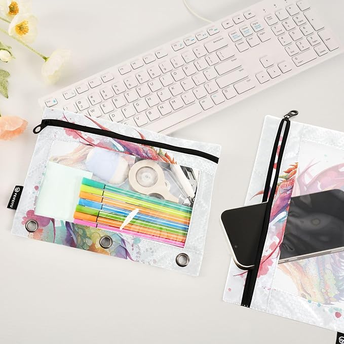 Watercolor Dragon Pencil Pouch for 3 Ring Binder, 2 Pack Waterproof Pencil Bags Clear Window Zipper School Office Supplies