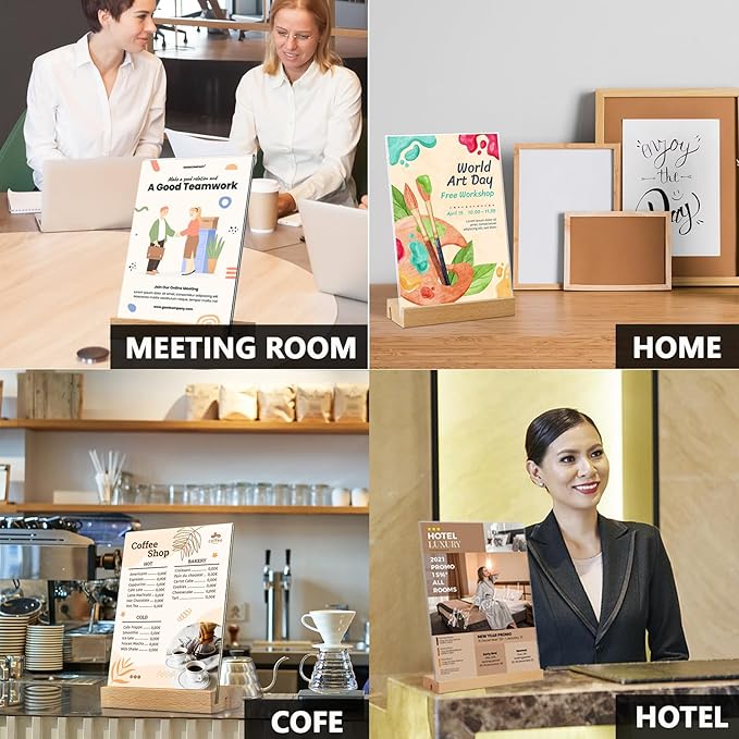 3 Pack Acrylic Sign Holder with Wood Base, Vertical and Slant Menu Flyer Stand, Double Sided Clear Display Stand for Restaurant, Wedding, Store, Office (5x7'', L/T Shape 2 in 1)