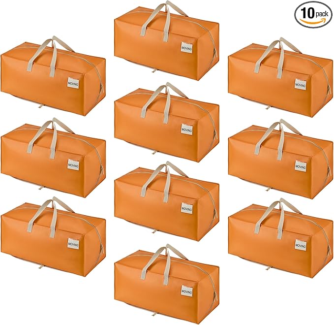 VENO 10 Pack Moving Bags w/Backpack Straps, Heavy Duty, Moving Boxes Alternative, Packing Supplies, Large Storage Totes for Dorm Room Essentials with Zipper (Seasonal Autumn Orange, 10 Pack)