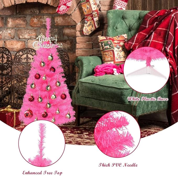 Happygrill 3FT Artificial Christmas Tree, Pink Premium Mini Christmas Tree with Stand Base, Indoor Tabletop Xmas Tree for Home Office Festival Holiday Decoration