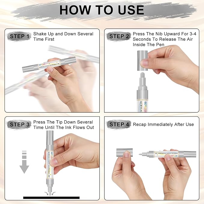 Paint Markers Paint Pens - 2 Pack Dual Tip Acrylic Permanent Marker (0.7mm & 3mm), Non-Toxic, Water-Based for Art Painting, Stone, Ceramic, Glass, Wood, Fabric, Metal, DIY Crafts (Silver)