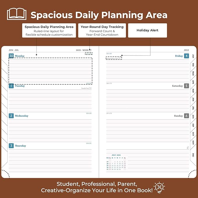 Planner 2025-2026 Daily Weekly and Monthly,11.5"x8.5",18 Months Spiral Bound Calendar Agenda with Self-adhesive Pen Holder,2026 Academic Plan with Vegan Leather Soft Cover,Brown