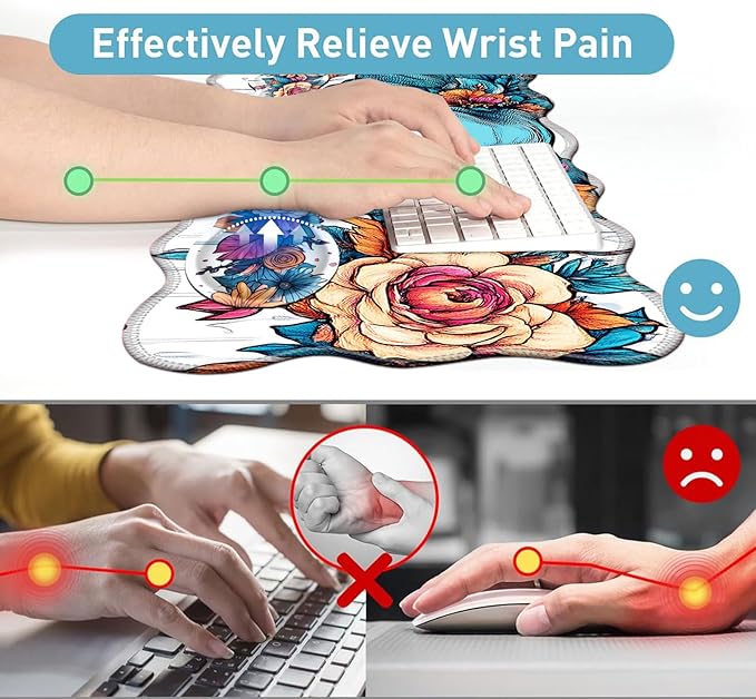 Large Mouse Pad and Keyboard Wrist Rest, Desk Pad for Keyboard and Mouse, 4-in-1 Large Gaming Mouse Pad with Wrist Support, Desk Mat for Home Office Study Game-Floral Elephant