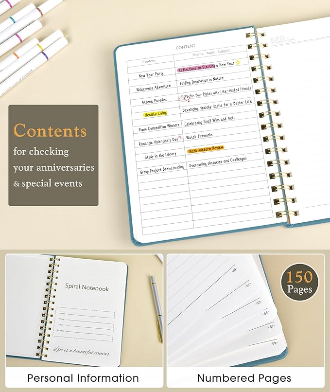 Lined Spiral Journal Notebook, A5 Hardcover Spiral Journals for Women Men, 150 Numbered Pages Spiral Bound Notebook, 100 GSM College Ruled Notebooks for Writing Note Taking 5.75" x 8.38", Misty Blue