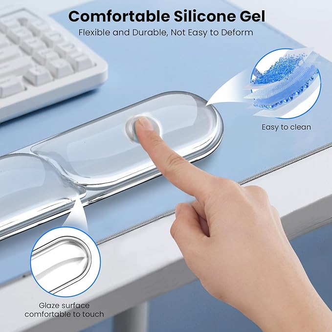 TECKNET Silicone Gel Wrist Rest for Computer Keyboard, Ergonomic Gel Keyboard Wrist Rest Set for Typing Pain Relief, Comfortable Cool-Touch Wrist Support Pad for Office, Gaming, Study, Transparent
