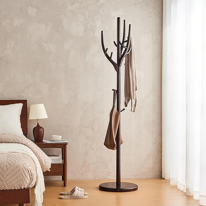 Uniclinens Coat Rack Freestanding Solid Wood Coat Tree Standing with 12 Hooks, Coat Rack Stand Creative Tree Branch-look (Dark Walnut)