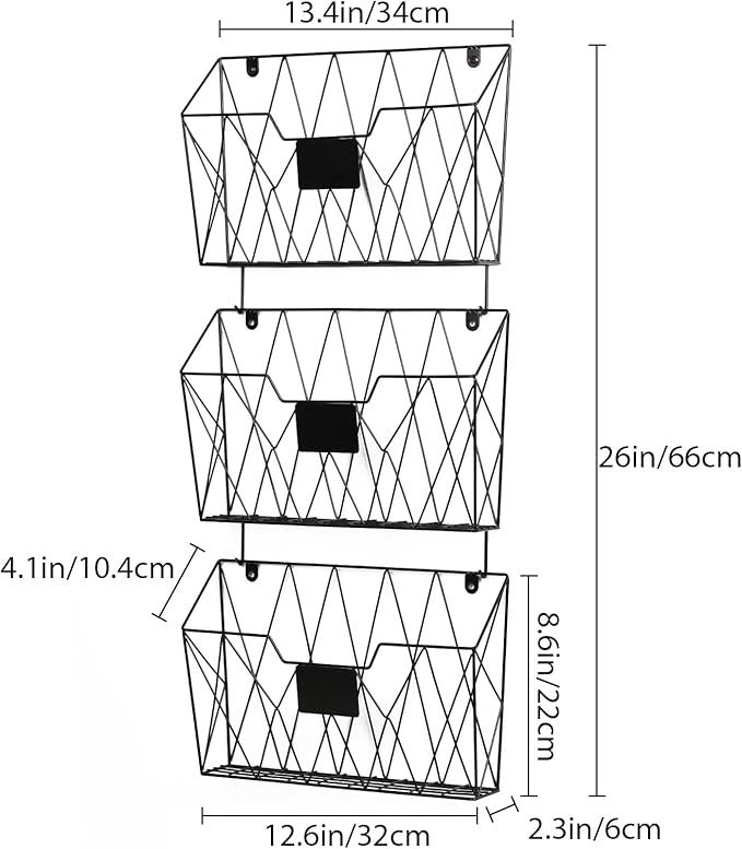 YBING Wall File Organizer for Office Hanging Wall File Holder and Basket Set of 3 Hanging File Rack with Hooks Metal Wall Storage for Office Living Room Black