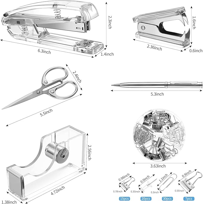 Office Supplies Set Desk Accessory Kit, Acrylic Stapler Set Staple Remover, Tape Dispenser, Binder Clips, Paper Clips, Ballpoint Pen and Scissor with 1000 Pieces 26/6 Staples (Silver)