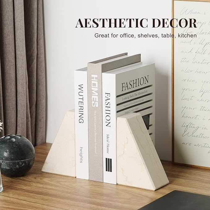 Koville Marble Bookends for Shelves, Large Bookends for Heavy Books, Non-Slip Heavy Duty Book Stopper for CD/Movies, Aesthetic Decorative Bookends for Shelves Table Home Decor(Beige)