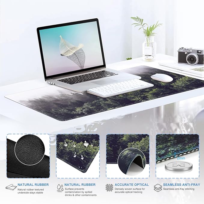 iCasso Desk Mat, Gaming Mouse Pad Wrist Support Set,4in1 XXL Large Mousepad + Keyboard Wrist Rest+Mouse Wrist Rest+Coaster Set with Ergonomic Design for Home Office Table Computer-Forest