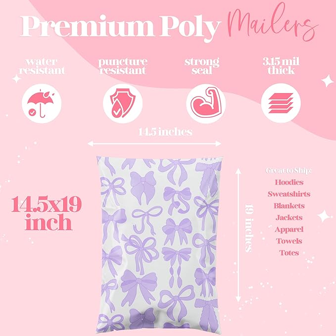 14.5x19 Designer Poly Mailer 100 Pack Heavy Duty Waterproof Self Seal Shipping Bags for Small Business Large Mailing Envelopes Bulk Tear Resistant Packaging Purple Bows