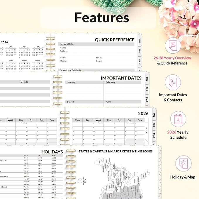 SUNEE Planner 2026 Weekly and Monthly, January 2026-December 2026, 6.4"x8.3", Tabs, Note Pages,Spiral Binding, Watercolor Flowers