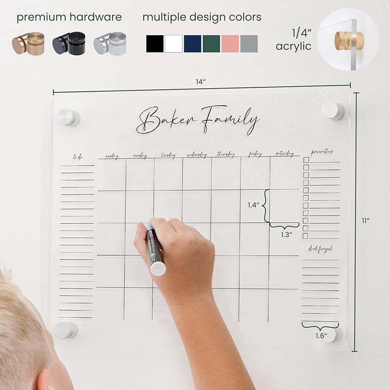 Personalized Clear Acrylic Calendar for Wall, Calendar Whiteboard for Wall, Dry Erase Wall Calendar, Wall Calendar Organizer System for Home (Cursive, White, 14"W x 11"H)