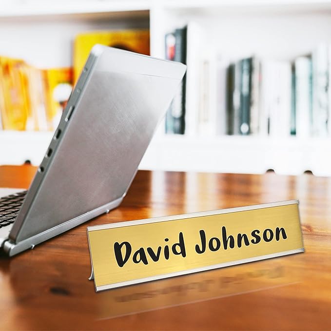 Personalized Desk Name Plates and Door Signs - Custom Office Desk or Door Name Plates with Aluminum Holder with Two Lines of Laser Engraved Text, 2X 8 inches Laser Engraved Sign - Customize