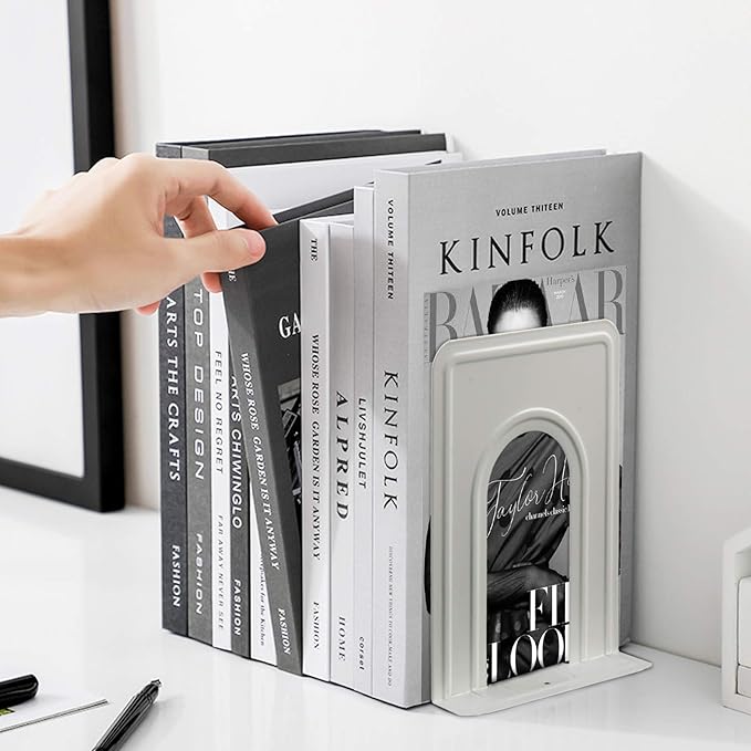 HappyHapi Book Ends, Non-Skid Metal Bookend for Shelves, Heavy Duty Book Ends, Office Book Stopper, 6 x 5 x 6 Inches, 6 Pieces / 3 Pairs (White)