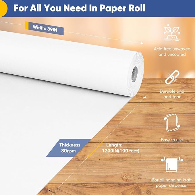 Vanhench White Wrapping Paper Roll 39"×1200" (100FT), Bulletin Board Paper, Arts & Crafts, Bouquet Flower Paper, Painting Drawing Paint Easel Poster Chart Paper, Classroom Art Supplies 70GSM 50LB