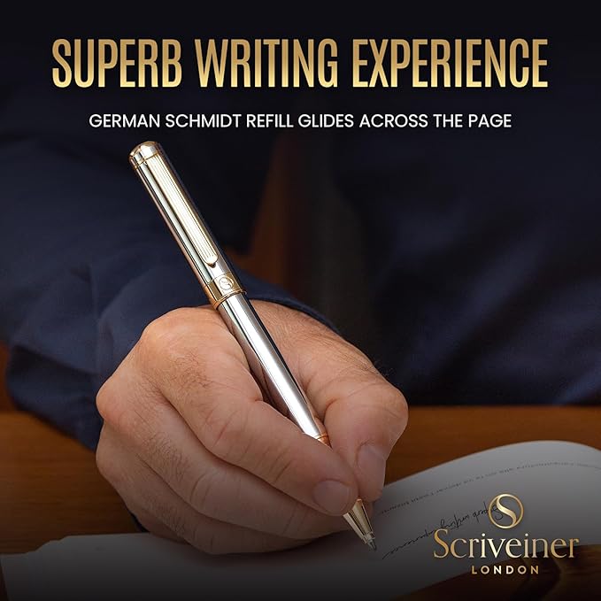Scriveiner Silver Chrome Rollerball Pen - Stunning Luxury Pen, Real Gold Plating, Schmidt Ink Refill, Best Roller Ball Pen Gift Set for Men & Women, Professional, Executive Office, Fancy Pens