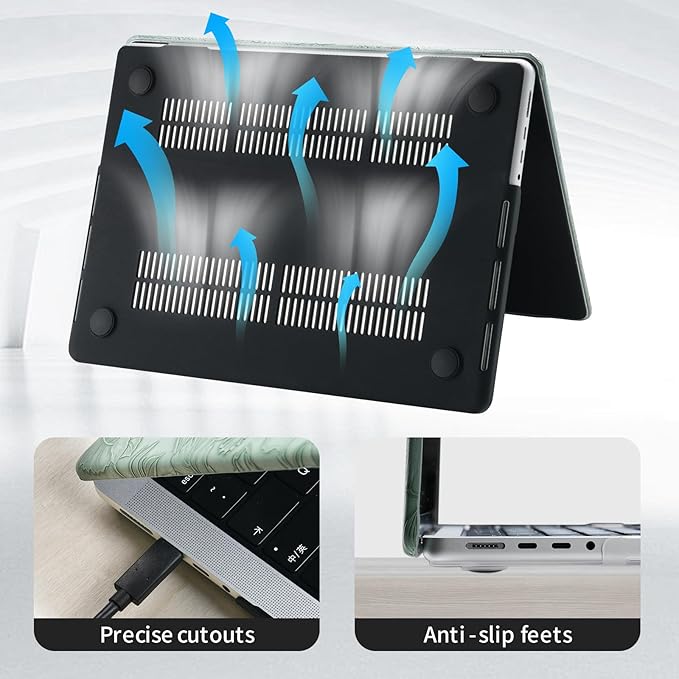 DTangLsm Compatible for MacBook Air 13 inch Case 2021 2020-2018 M1 A2337 A2179 A1932, Elegant Texture Leather Plastic Hard Shell Cover for MacBook Air 13.3 M1 Case+Keyboard Cover,Green Embossed Floral