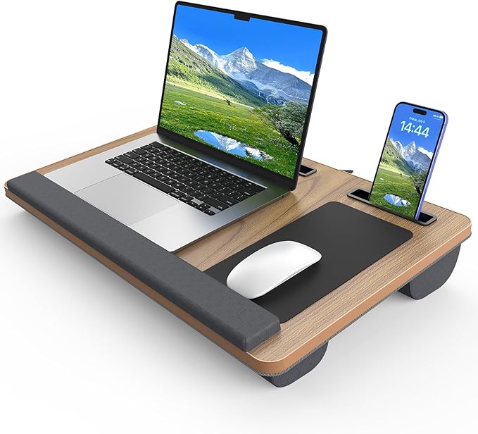 Laptop Lap Desk, Portable Large Laptop Desk for Bed, Up to 17 in Lap Table with Wrist Rest, Mouse Pad, Tablet Phone Slot, Portable Handle, Cushion (Dark Brown Woodgrain)