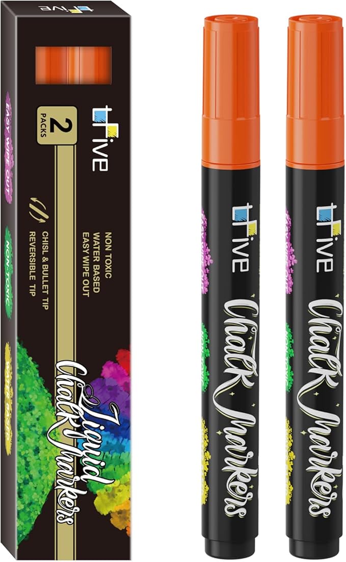 TFIVE Orange Liquid Chalk Markers - 2 Pack Bright Colors Erasable Chalk Marker Pens, Reversible Tip, Non-Toxic, for Chalkboards, Signs, Glass, Easy to use Chalk markers TF800