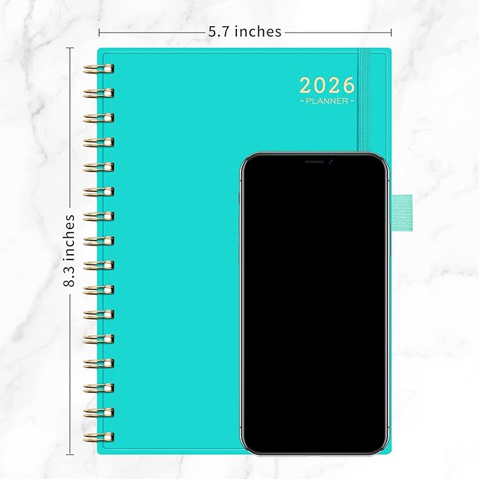 RETTACY 2026 Planner, Weekly and Monthly, Medium Size (5.7" x 8.3"), Jan - Dec 2026, Agenda, Calendar, 12 Month Tabs, Flexible Plastic Cover, 100 GSM Thick Paper, Spiral-bound (Tiffani Blue)