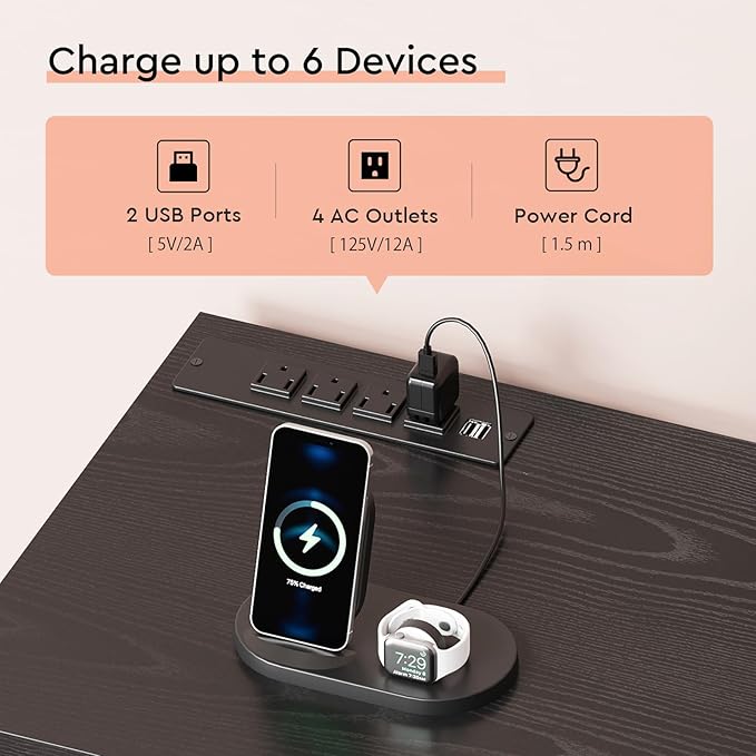 6 Drawer File Cabinet with Charging Station Rolling Printer Stand with Open Storage Shelf Fabric Lateral Filing Cabinet for Home Office,Black