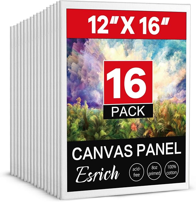 ESRICH Canvas for Painting 12x16, 16 Pack Canvas Boards for Painting Cotton Primed Large Blank Canvases for Kids & Adults, Painting Canvas Panels for Oil, Watercolor, Acrylic Paint, Tempera.