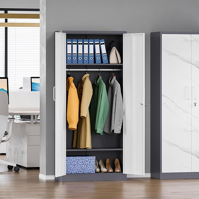 MIIIKO Wardrobe Closet with 2 Doors, 72" Metal Wardrobe Cabinet with Hanging Rod for Bedroom Laundry Room and Office, Clothes Storage Organizer Cabinets with Locking Door and Shelf