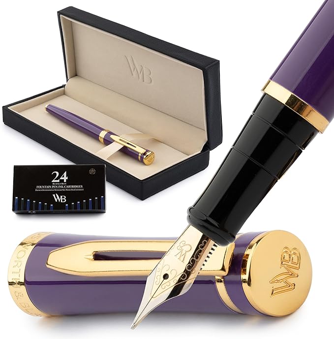 Wordsworth & Black Fountain Pen Set, Medium Nib, Includes 24 Ink Cartridges and Ink Refill Converter, Gift Case, Journaling, Calligraphy, Smooth Writing Pens [Velvet Purple] Perfect for Men and Women