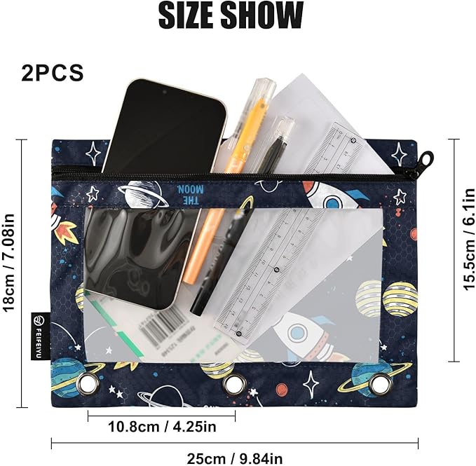 Space Rocket Planet Pencil Pouch for 3 Ring Binder, 2 Pack Waterproof Pencil Bags Clear Window Zipper School Office Supplies