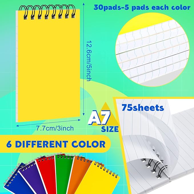 30 Pack Spiral Memo Pads 3 x 5 Inch Spiral Journal Lined Wirebound College Ruled Notebook Solid Colors, 75 Sheets/pad, Notebook for School Office Travel Business Supplies (Bright Color)