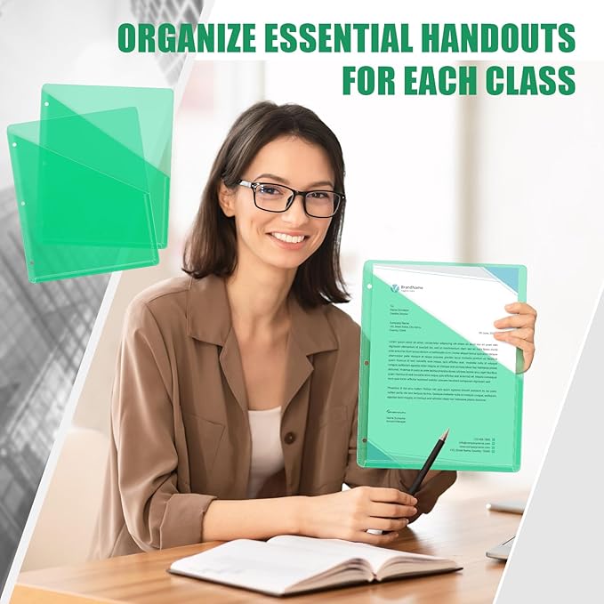 Seajan 100 Pcs Pocket Folders for 3 Ring Binder Clear Plastic Folders Sleeves with 2 Pockets 3 Hole Punch Binder Dividers Poly Slash File Jackets for Office School Document Organizer (Green)