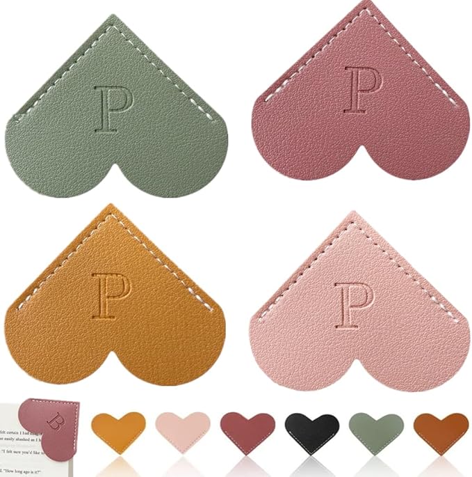 Personalized Leather Heart Bookmark, 26 Letters Customized Corner Book Mark for Reading Women, Book Marker with Initials，Cute Gifts (Light Pink+Deep Pink+Green+Light Brown, P)