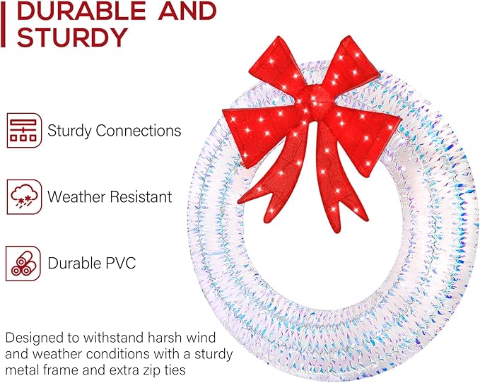 Hykolity 48 in. 3D Lighted Outdoor Iridescent Christmas Wreath with Red Bow, 140 LED Lights Christmas Wreath for Holiday, Garden, Porch Decoration