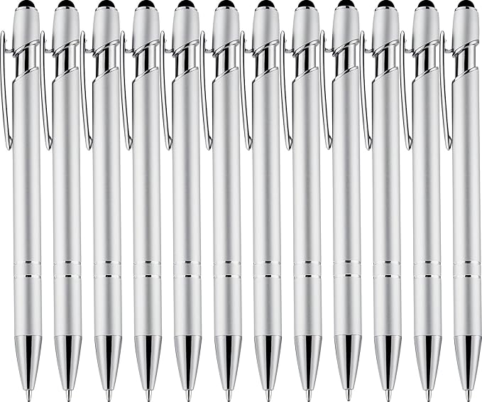 LINFANC 12 Pack Silver Ballpoint Pen with Stylus Tip, 1.0 mm Black Ink Smooth Writing Pens, Metal Stylus Pens for Touch Screens