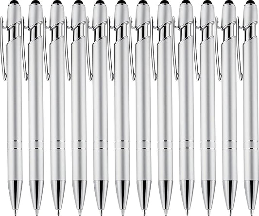 LINFANC 12 Pack Silver Ballpoint Pen with Stylus Tip, 1.0 mm Black Ink Smooth Writing Pens, Metal Stylus Pens for Touch Screens