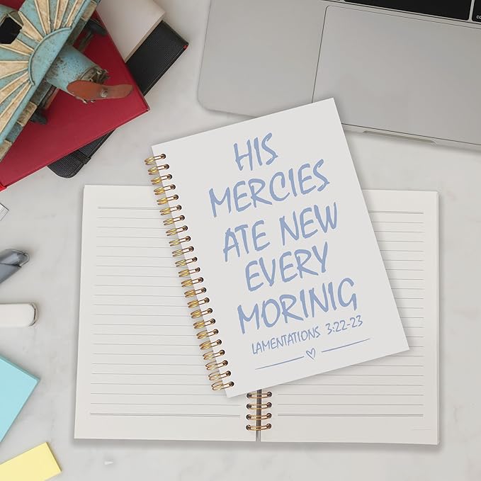 Qabliqo Trendy Blue Christian Spiral Notebooks, His Mercies Are New Every Morning Bible Journal, Religious Scripture Journals for Writing, Bible Verse Notebook for Note Taking, 5.5x8.3 Inch