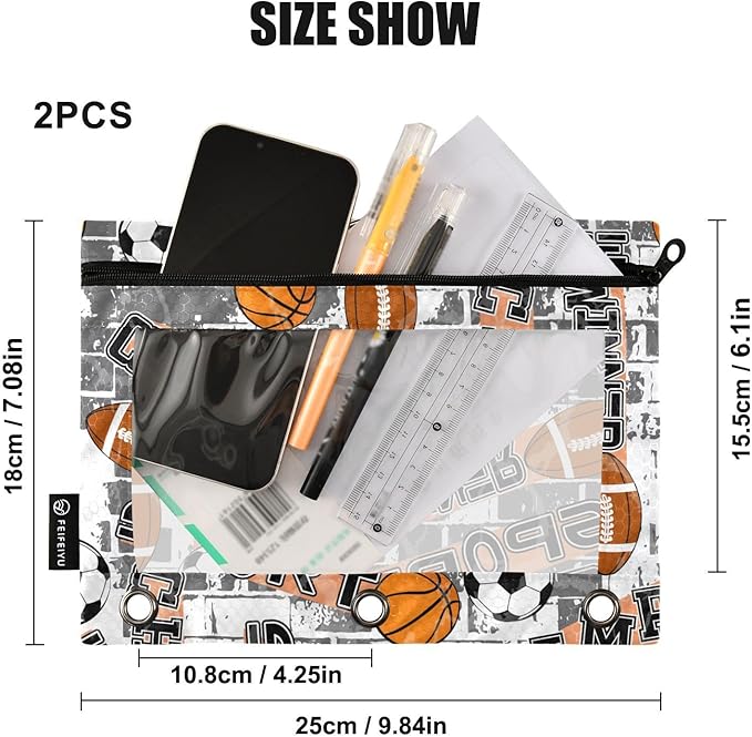 ZAZYXTJ Basketball Football Ball Binder Pencil Pouchs 3 Ring with Zipper Clear Window Office Organizers bag for School Students Teacher Supplies 2 Pack